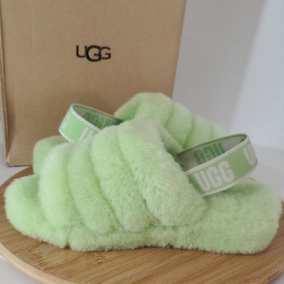 UGG Fluff Yeah Slide Parakeet Green Wool Slingback Slipper Sandal Women's Size 7 - Picture 10 of 13